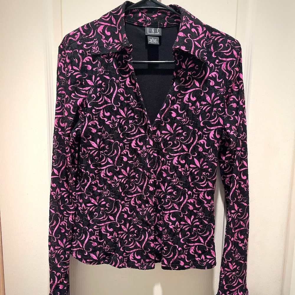 INC. Black & Fuschia Lace Long Sleeve Blouse Top Size Large